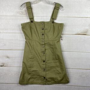 Forever 21 Womens M Overall Dress Green Button Up Stretch Denim Jumper Y2K